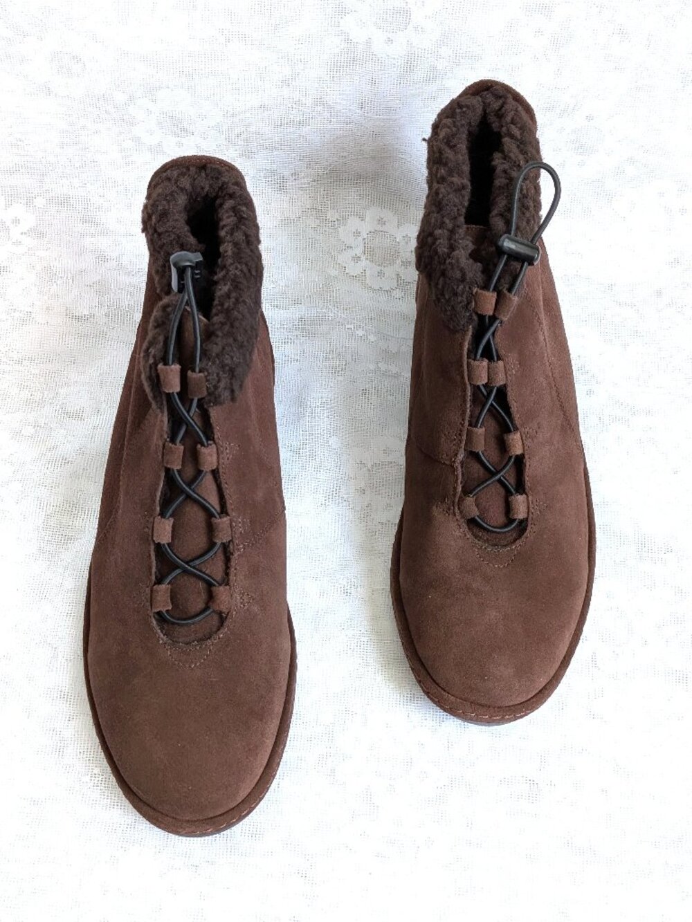 NEW Lands' End Brown Suede Faux Fur Sherpa Lined Ankle Pull On Boots Size 9.5 B